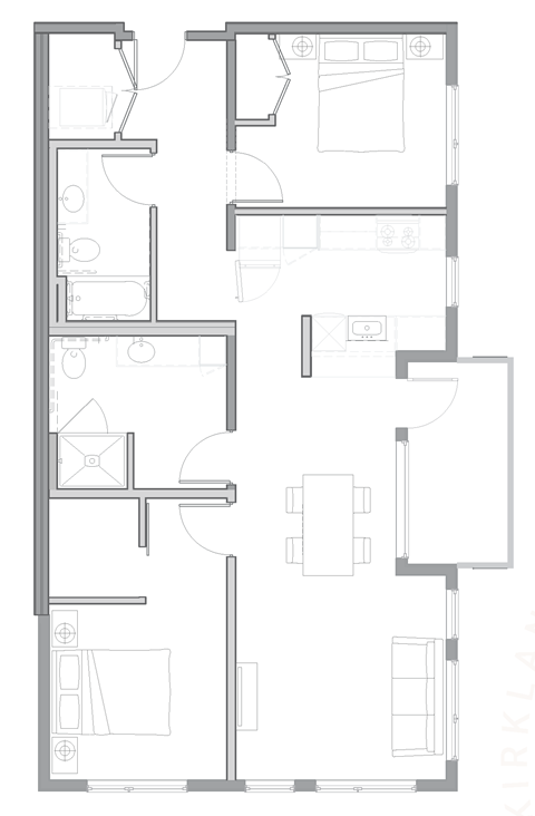 Floor plan for 2 beds, 2 baths, 1096 sqft